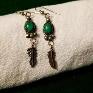 Malachite earrings with feather